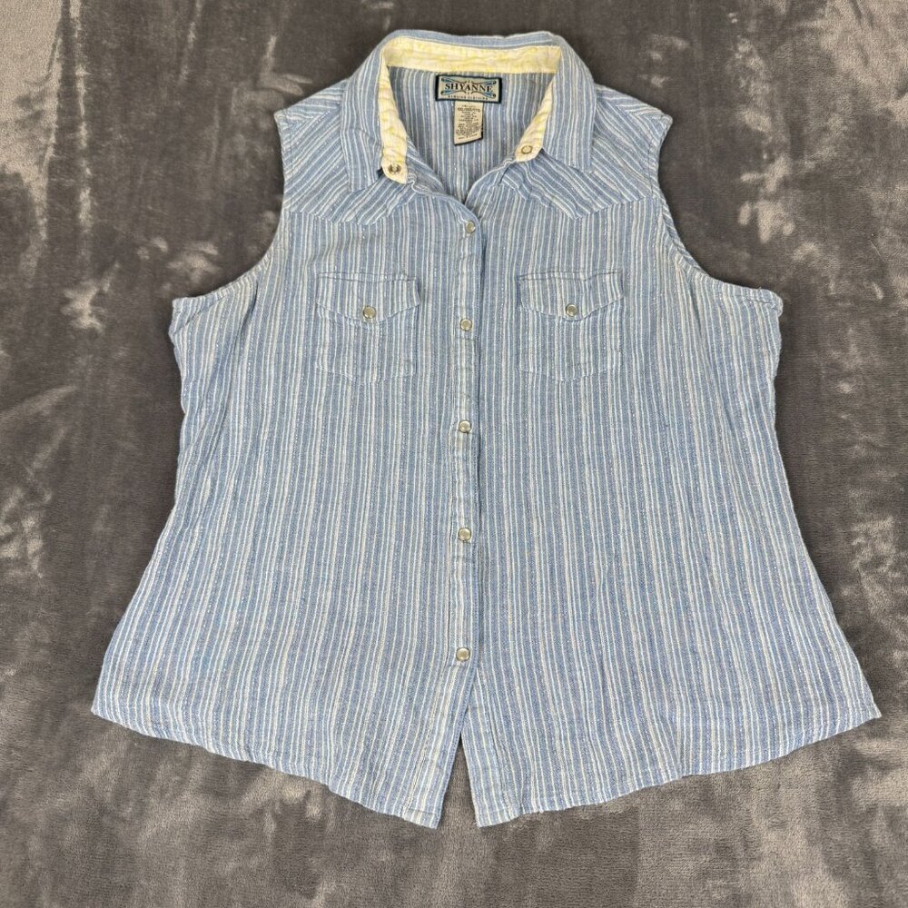 Shyanne Women Button Up Shirt XXL Blue Striped Western Tank Pearl Snap Top